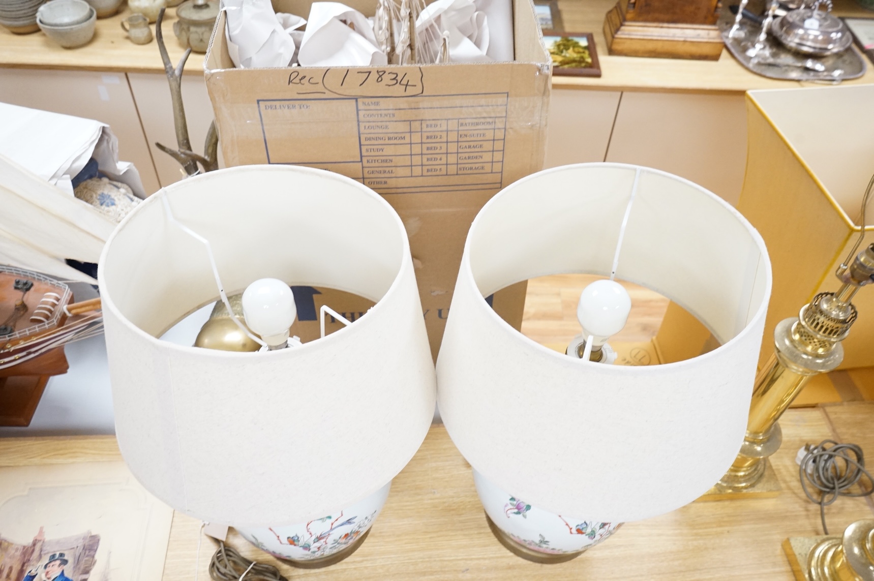 A pair of Chinese famille rose table lamps, with shades, 62cm total